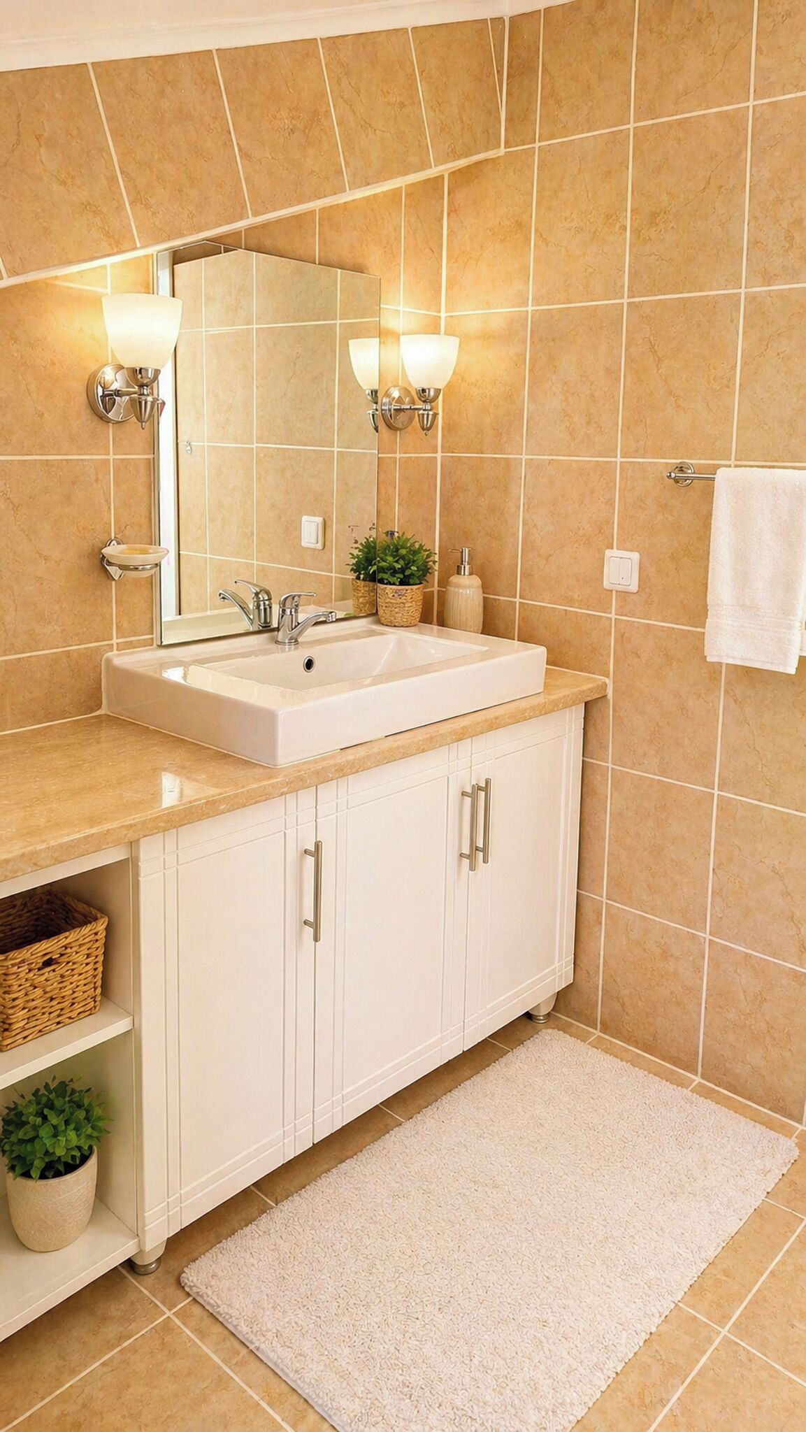 Shower, pengering rambut, sandal, dan handuk