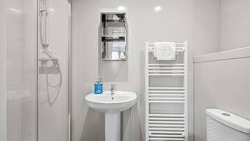 Shower, hair dryer, towels, shampoo
