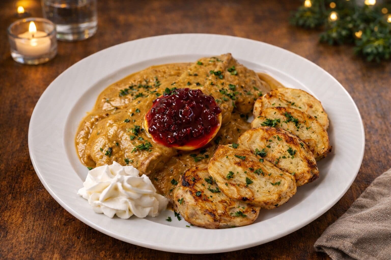 Une assiette de pommes de terre en tranches, une cuillerée de crème et une compote de fruits rouges.