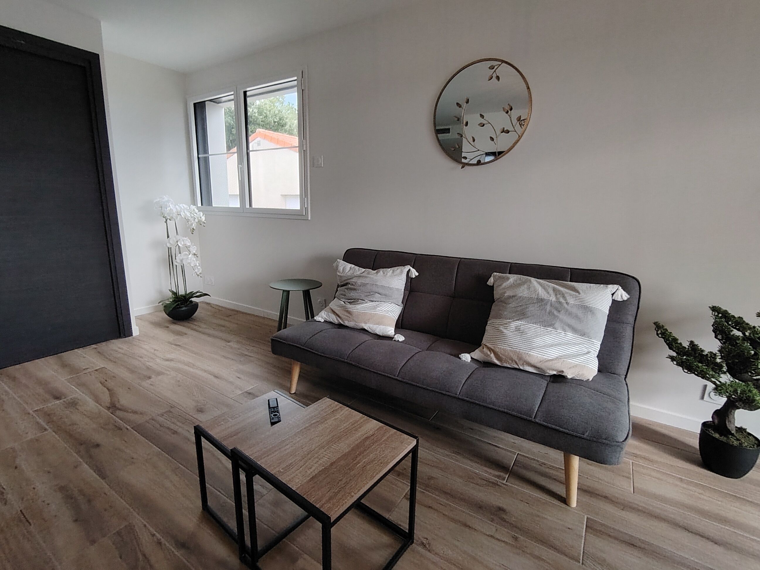 A modern living room with a grey sofa, a small wooden coffee table, a round mirror, and a potted plant.