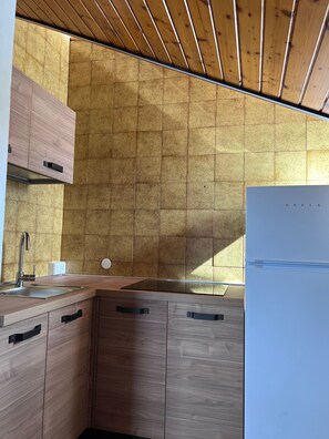 Fridge, stovetop, electric kettle, toaster