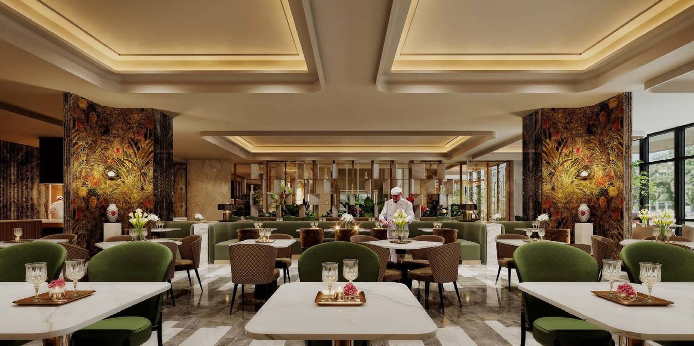 A restaurant with multiple dining tables and chairs, a chef preparing food, and decorative wall panels.