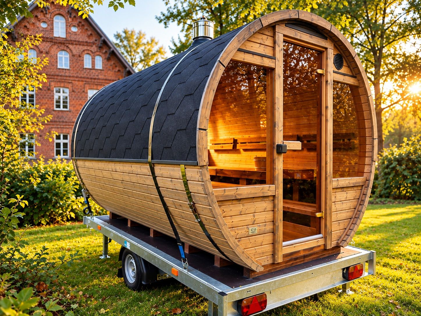 A wooden barrel-shaped structure with a door and windows, mounted on a trailer.