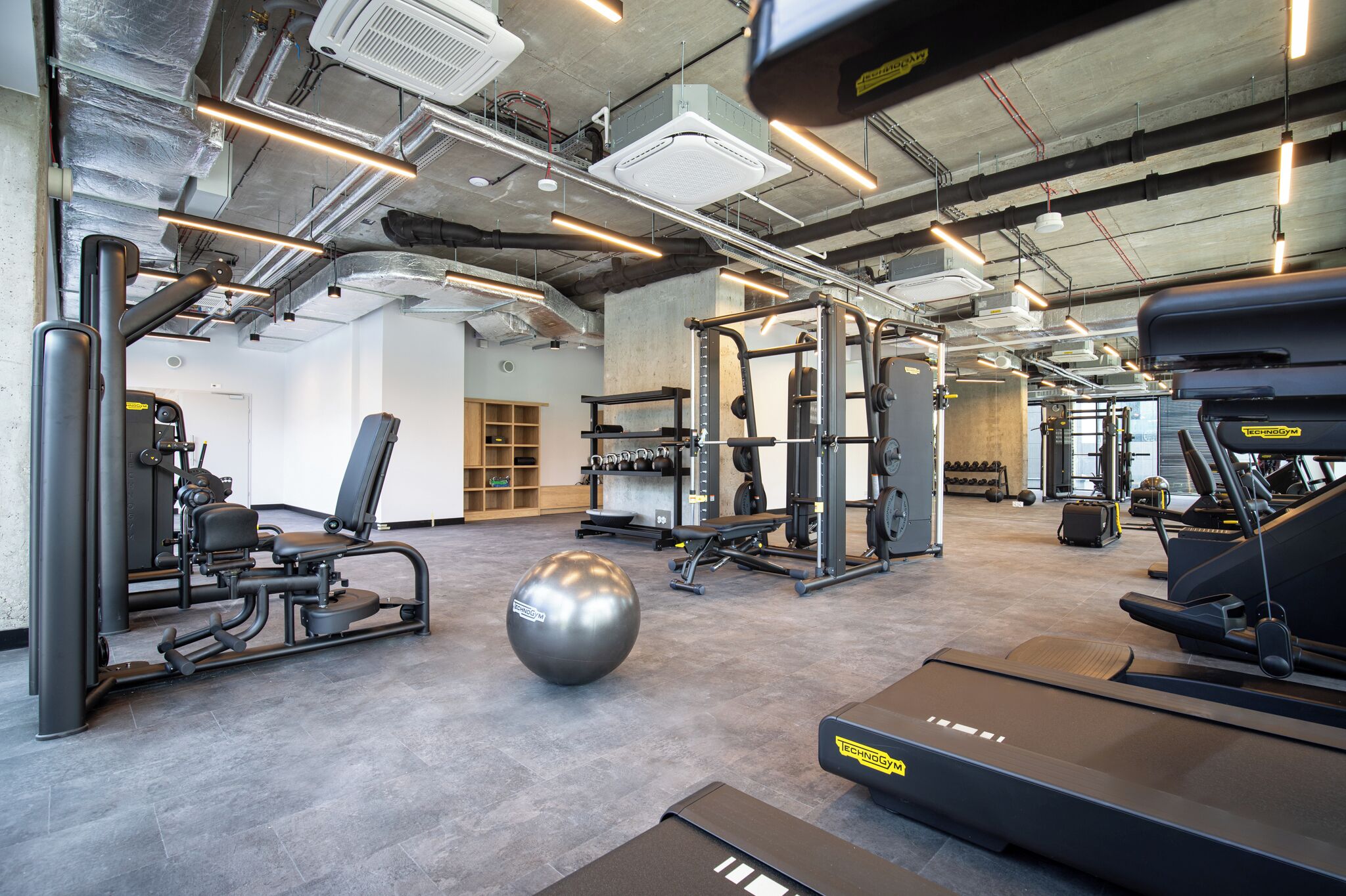 A gym with exercise equipment, a large exercise ball, and a treadmill.