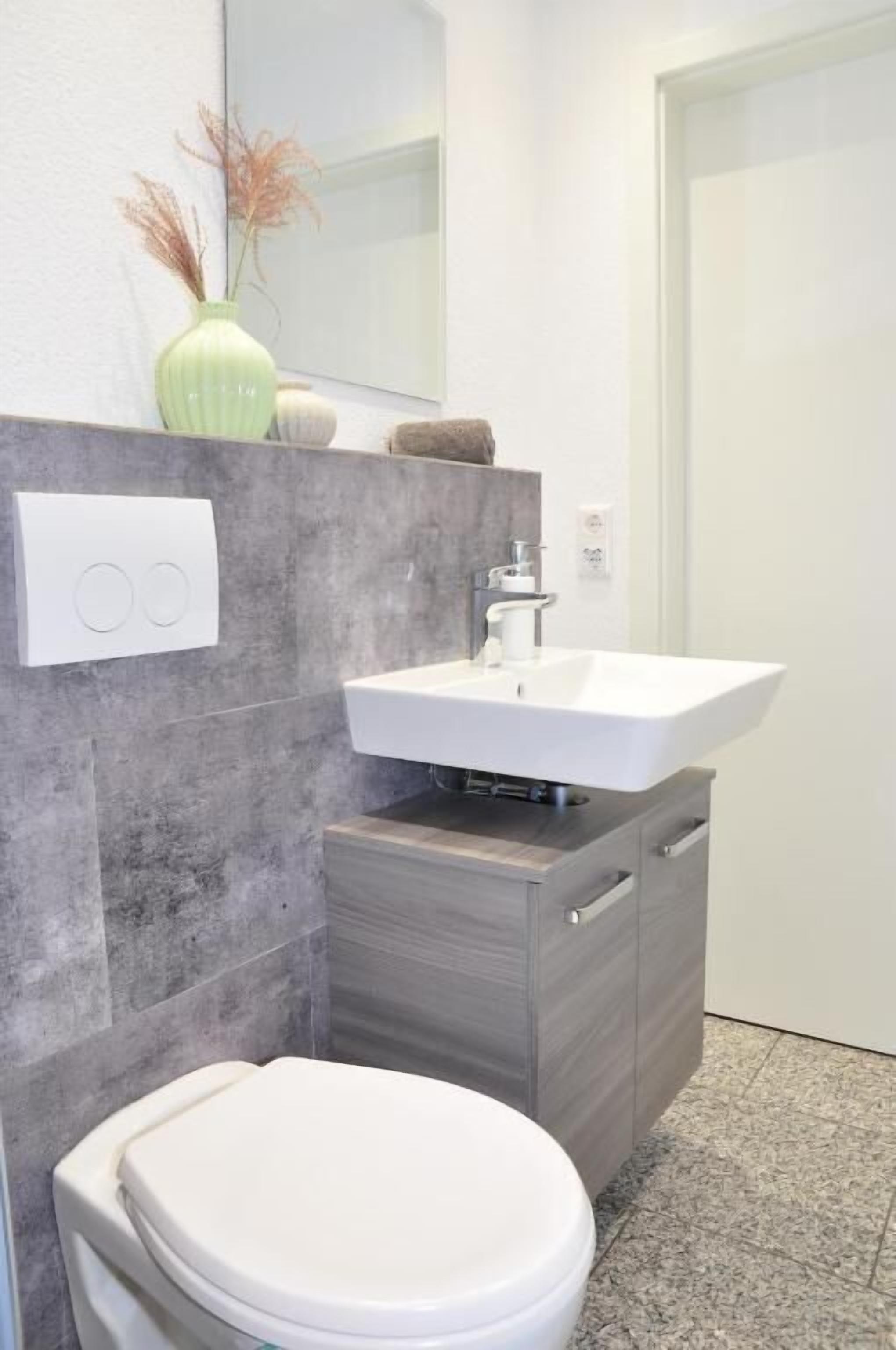 A modern bathroom with a white toilet, a grey vanity with a sink, and a mirror above the vanity.