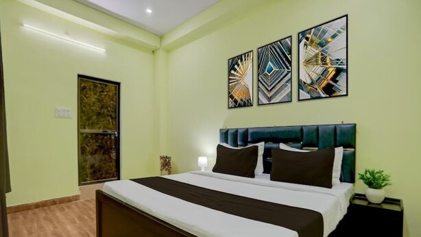 A hotel room with a large bed, a headboard, a nightstand, a potted plant, and abstract wall art. - Rudraksh Residency (Varanasi)