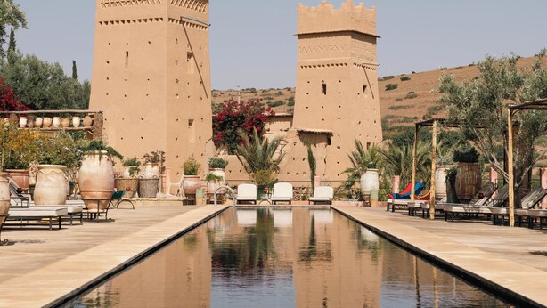 Una piscina con dos torres, rodeada de plantas en macetas y mobiliario exterior.