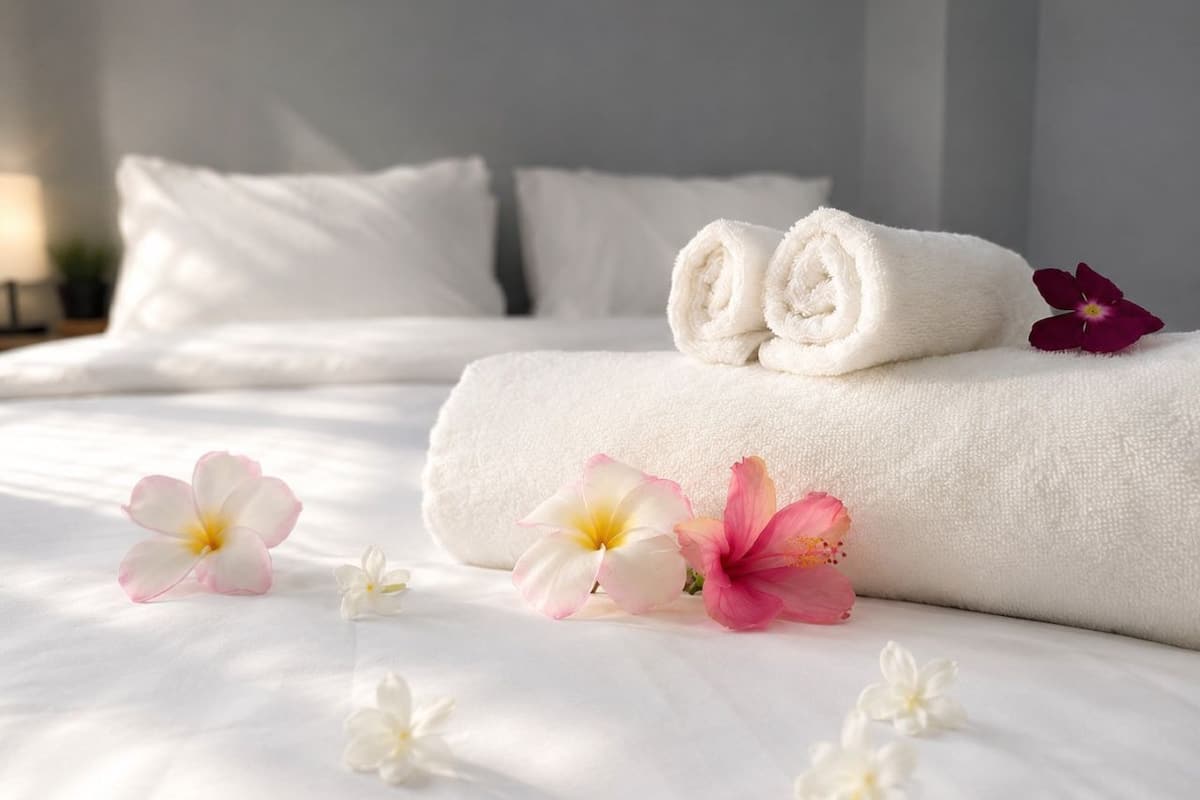 Ein ordentlich gemachtes Bett mit aufgerollten weißen Handtüchern und einigen Blumen darauf.