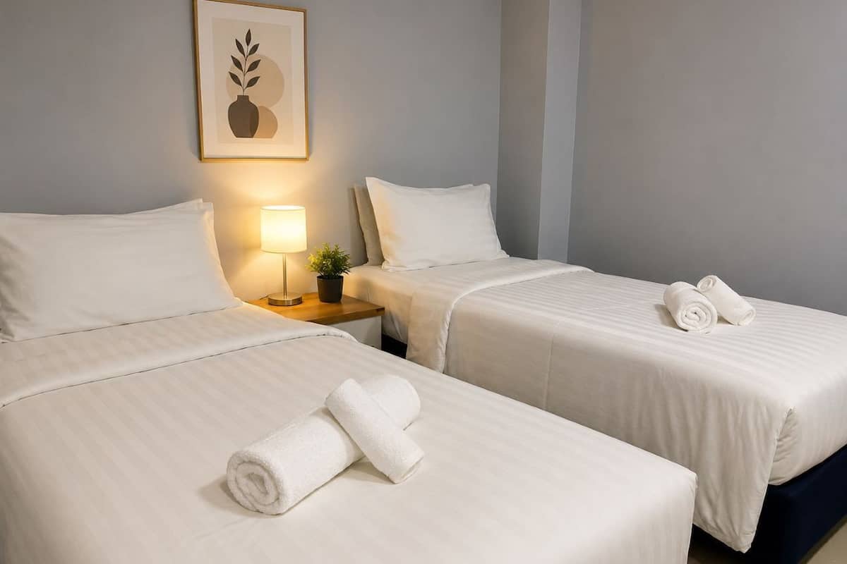 Ein Hotelzimmer mit zwei Betten, einem Nachttisch mit Lampe und Topfpflanze sowie einem gerahmten Kunstwerk an der Wand.
