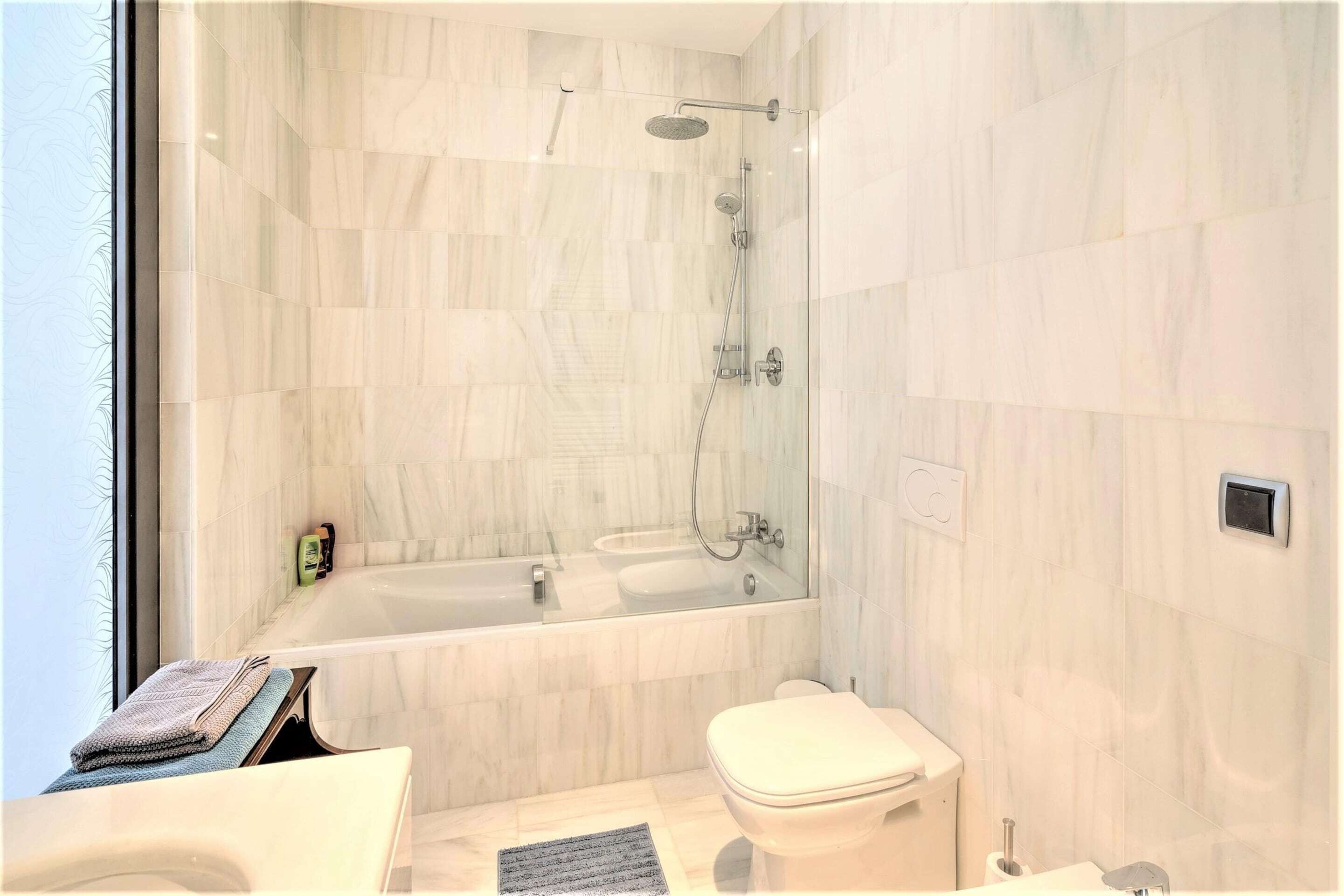 A modern bathroom with a glass-enclosed shower, a bathtub, and a toilet.