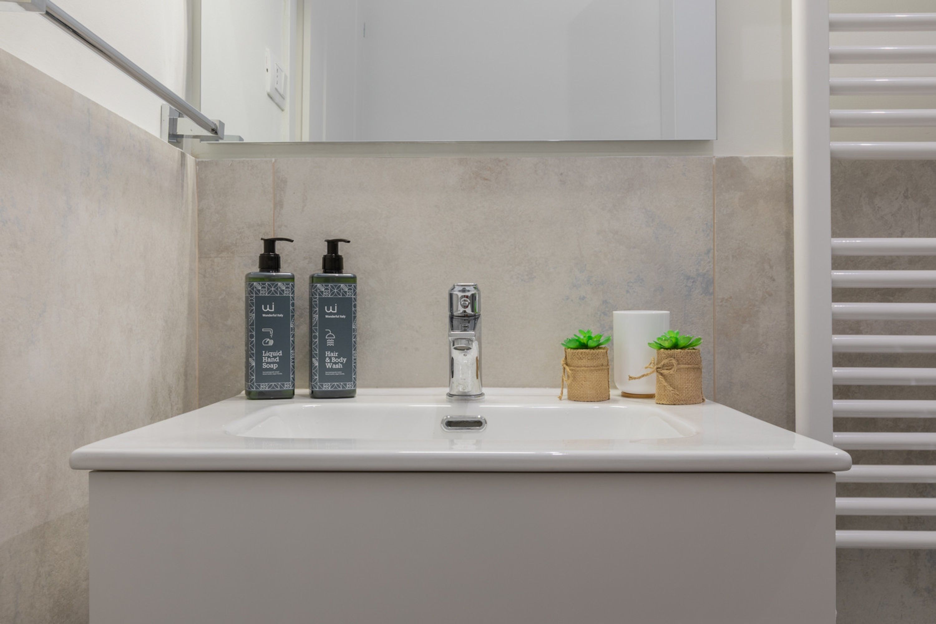 A bathroom with a white sink, two soap dispensers, a faucet, and two small potted plants.