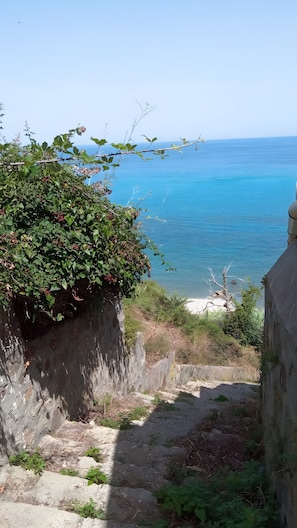 Camino costero con vista al mar, un muro de piedra y vegetación.
