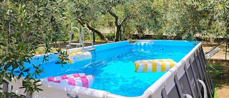 An outdoor swimming pool with a ladder, surrounded by trees and covered with a grey canopy.