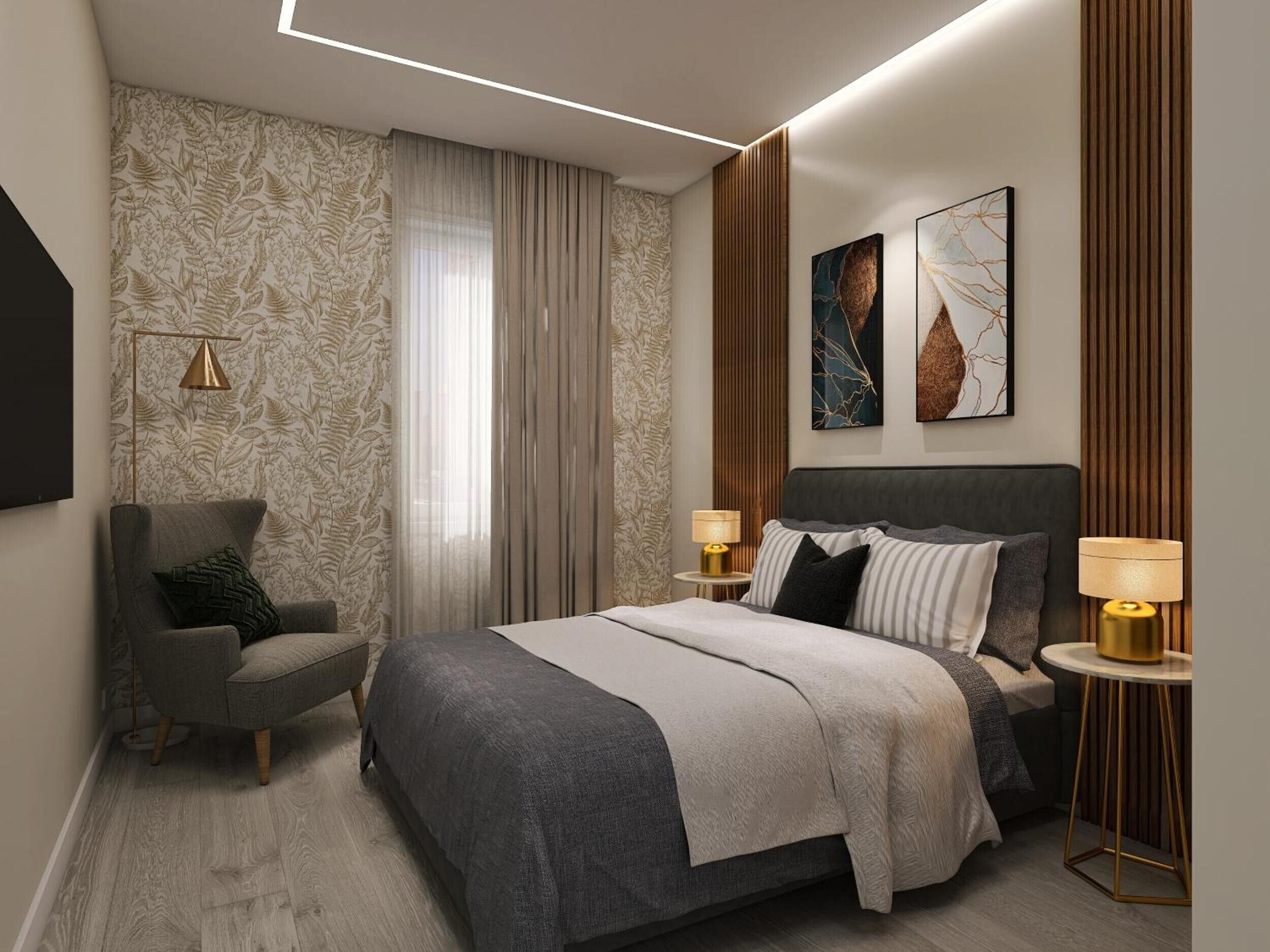 Une chambre moderne avec un lit, deux tables de chevet, une chaise et une grande fenêtre avec des rideaux.