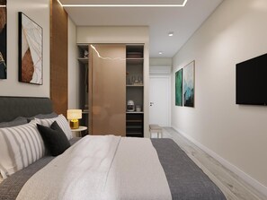 Ein modernes Schlafzimmer mit Bett, Nachttisch und begehbarer Kleiderschrank.