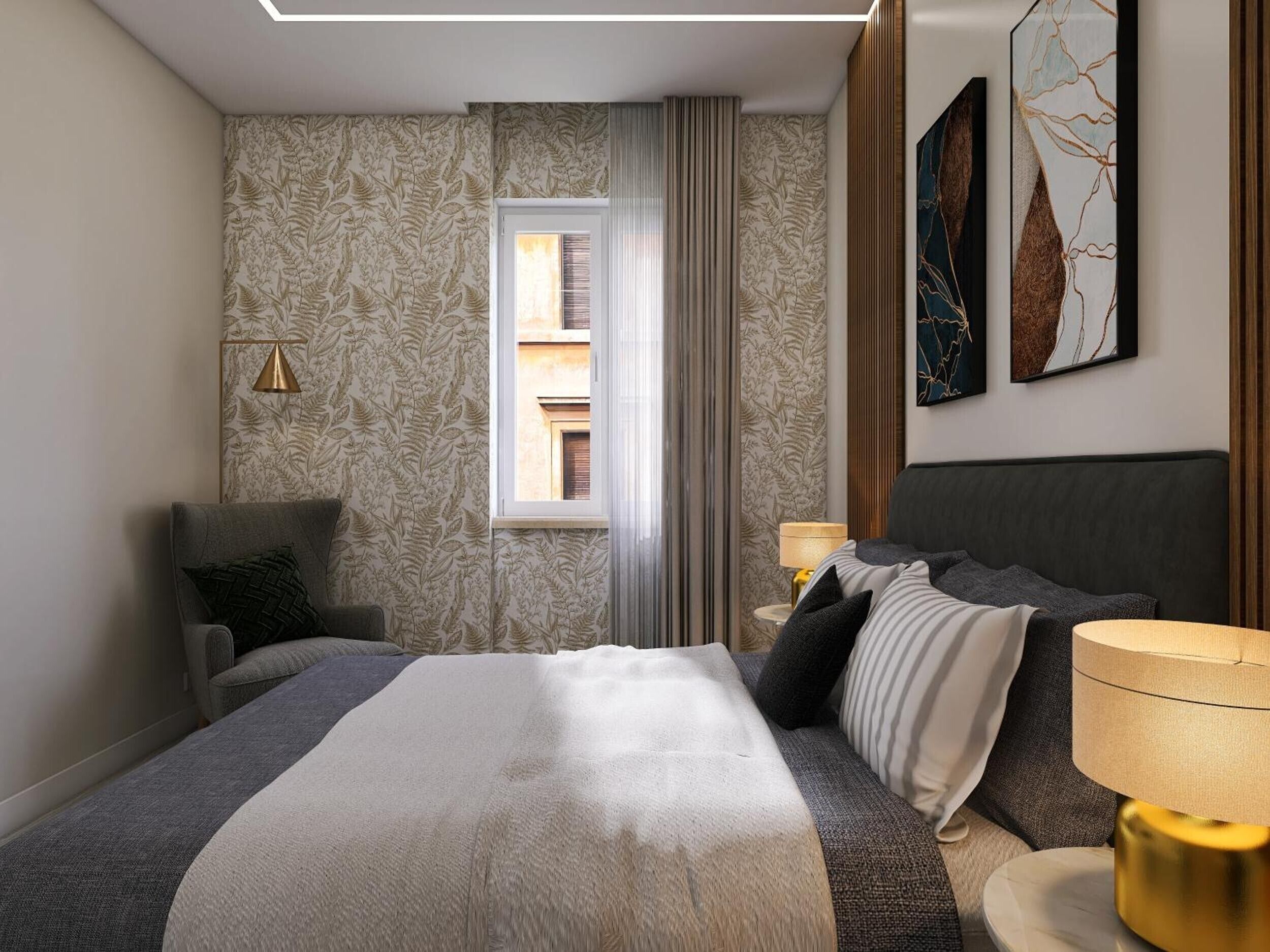 A hotel room with a bed, a chair, a window, a lamp, and artwork on the wall.