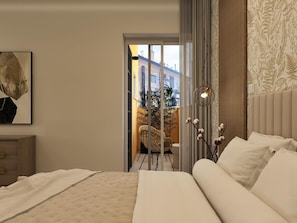 Ein Schlafzimmer mit einem Bett, einem Nachttisch, einer Wandlampe und Blick durch eine Tür auf einen Außenbereich mit Pflanzen und einem Stuhl.