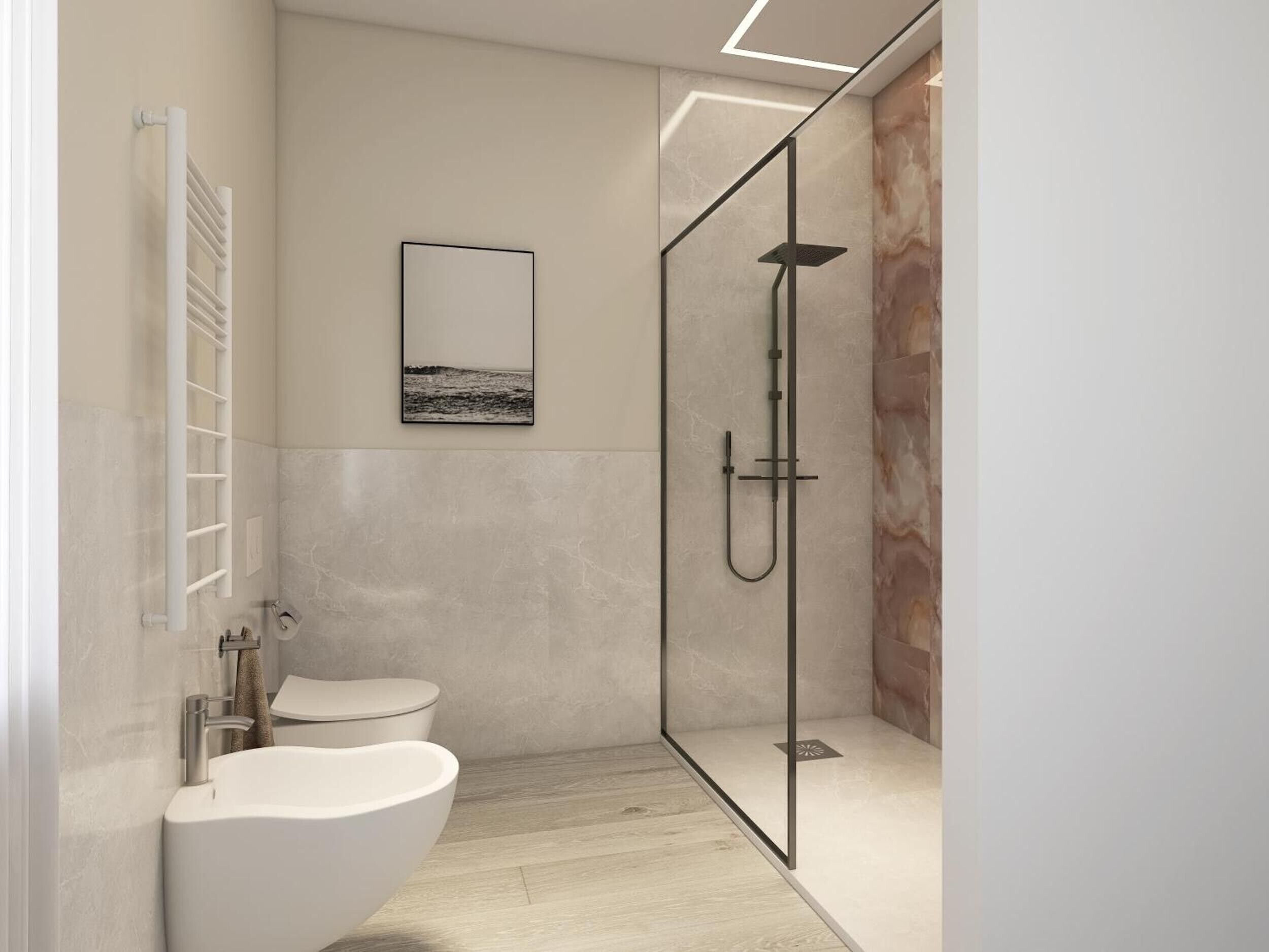 Een moderne badkamer met een glazen douchecabine, toilet en een hygiëneschuiver.