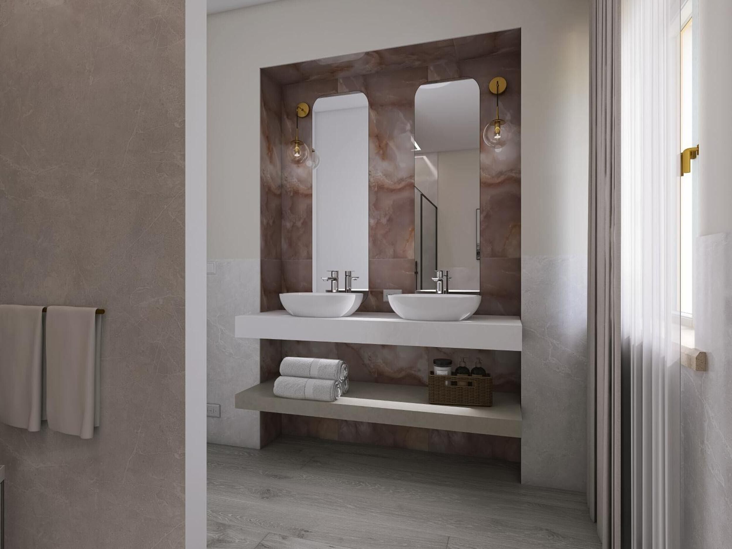 Une salle de bain moderne avec deux lavabos, un grand miroir et un porte-serviettes.