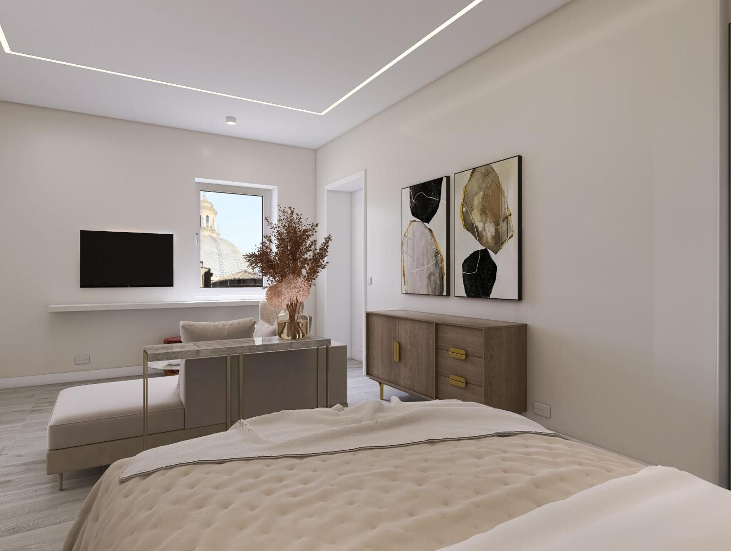 A modern bedroom with a bed, a TV mounted on the wall, a window, and artwork.