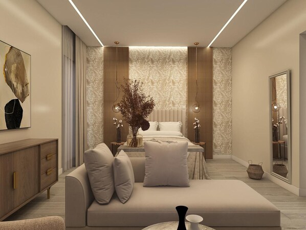 Ein modernes Schlafzimmer mit Bett, Nachttischen, einer Couch und einem Schrank.