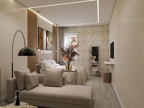 Ein modernes Wohnzimmer mit einer Couch, einer Stehlampe, einem Spiegel und einem Fernseher.