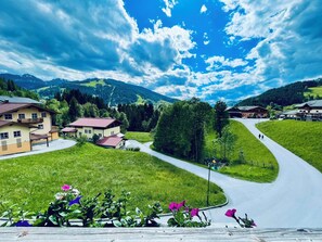 Ein ländliches Dorf mit Häusern, einer kurvenreichen Straße und Bergen im Hintergrund.