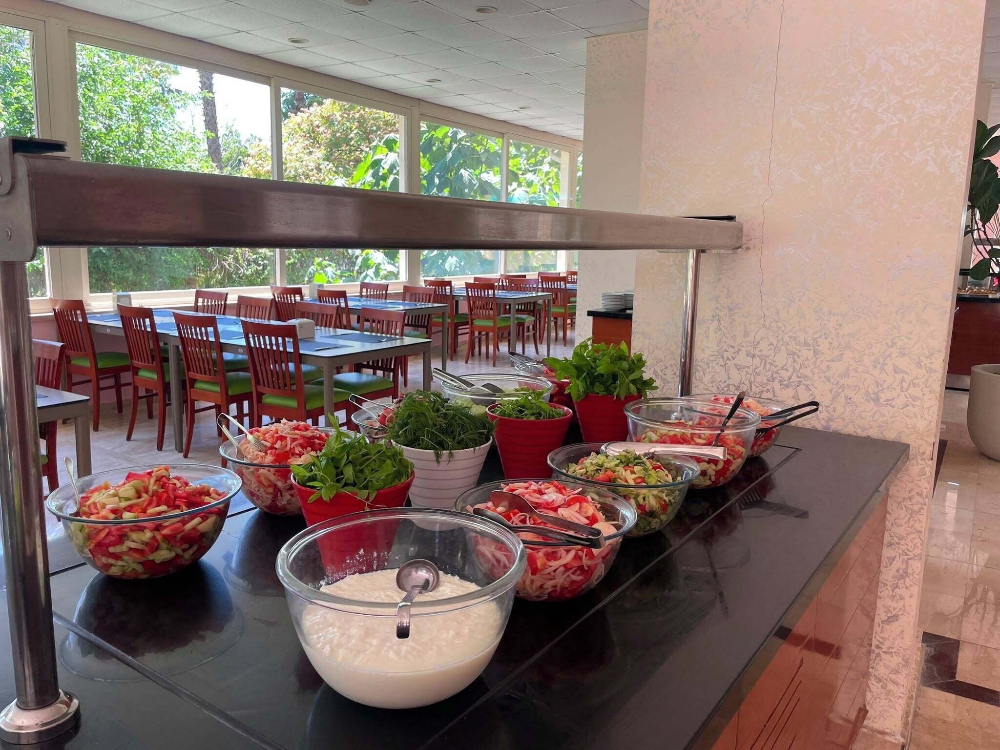 Un espace buffet proposant divers plats, notamment des salades et un grand saladier contenant une substance blanche et crémeuse, vraisemblablement du yaourt ou un produit laitier similaire.