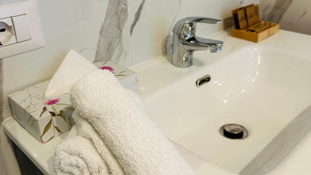 Un lavabo de salle de bain avec une serviette, un porte-savon et une boîte de mouchoirs.