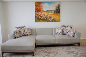 Living area - Bright & Spacious Apartment in Central UB + Workstation (Ulaanbaatar)