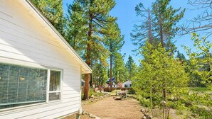 Ein Wohnhaus mit Garten und umliegenden Bäumen, ein befestigter Weg durch den Garten führt hindurch.
