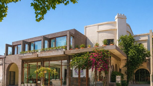 A hotel with a modern architectural style, featuring a flat roof, large windows, and a balcony with potted plants.