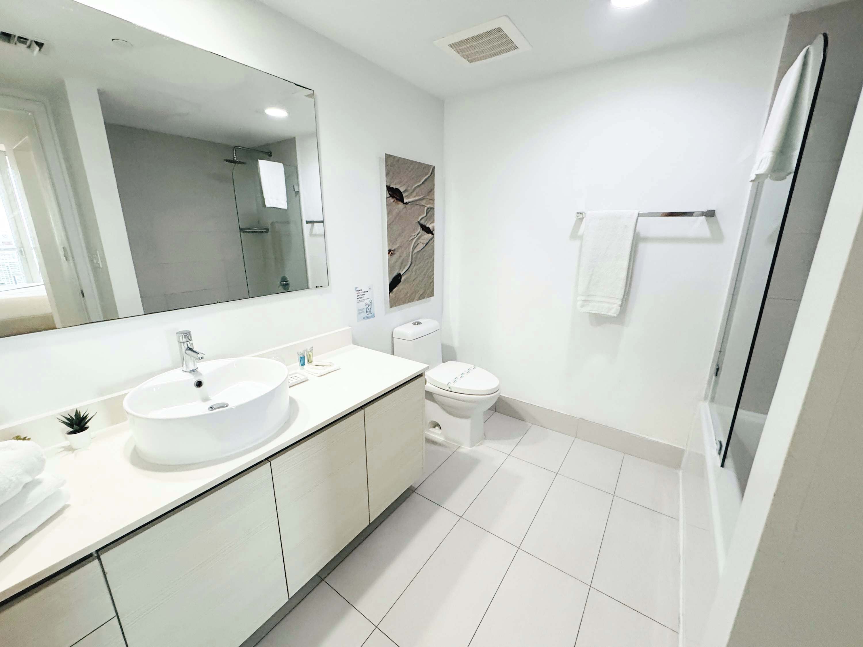 Une salle de bain moderne avec un grand miroir, un lavabo, des toilettes et un espace douche.