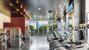 Ein Fitnessstudio mit Cardiogeräten, Krafttrainingsgeräten und einem großen Fenster mit Blick auf Grünflächen.