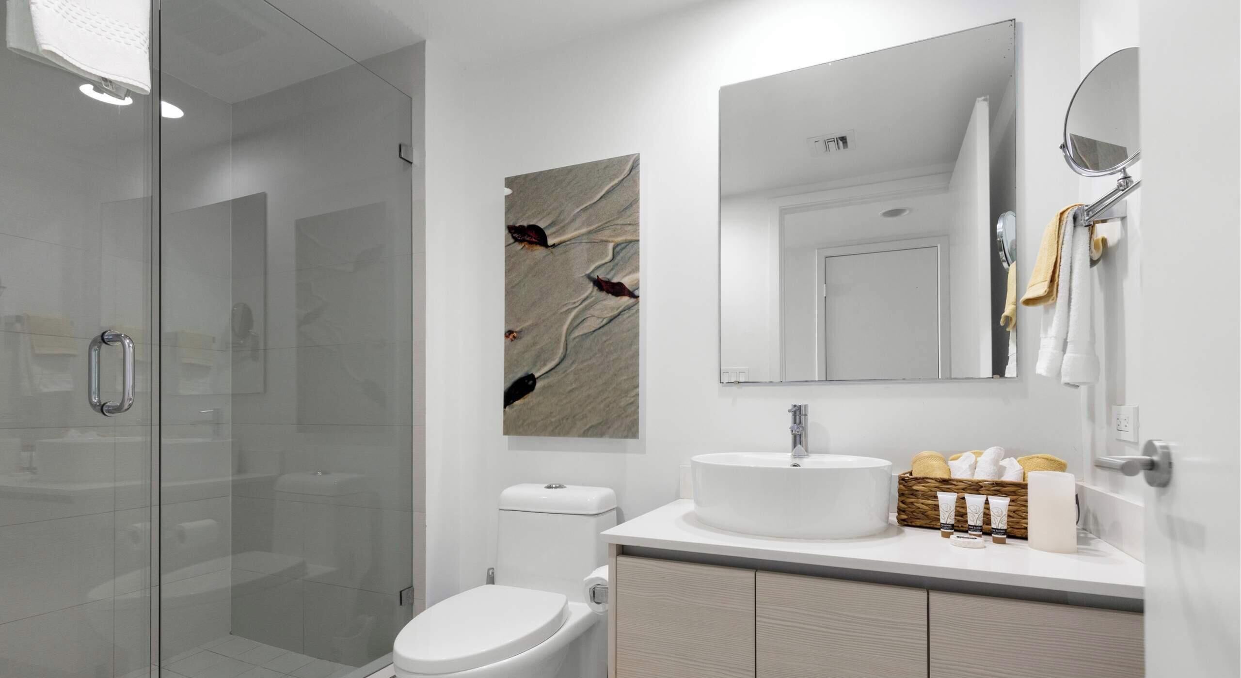 Une salle de bain moderne avec une douche à parois de verre, un lavabo blanc et un grand miroir.