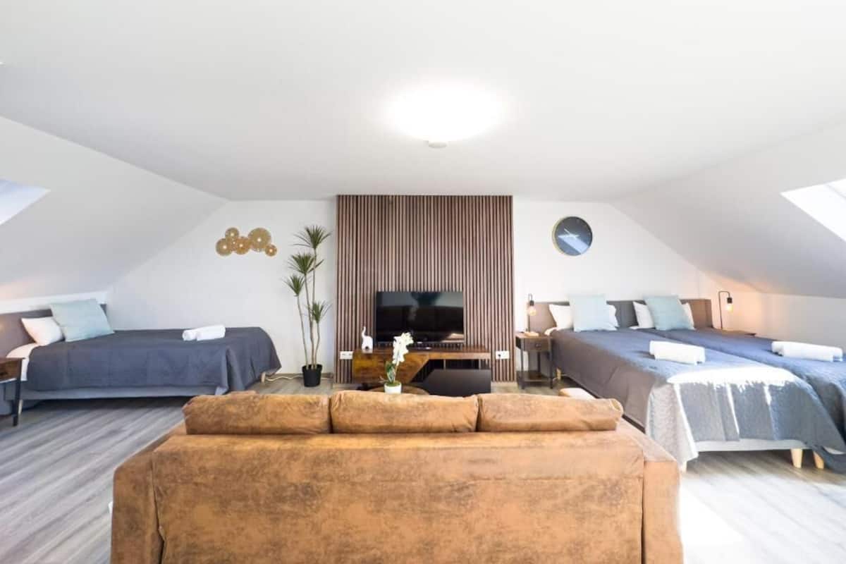 Ein modernes Schlafzimmer mit zwei Betten, einem Schlafsofa, einem Fernseher und einer Wandpaneele aus Holz.