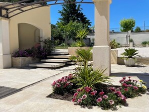 Ein Innenhof mit einer Pergola, Treppen zu einem überdachten Bereich sowie verschiedenen Pflanzen und Blumen.
