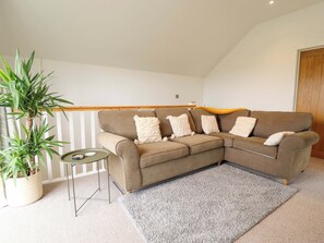 Een woonkamer met een bruine bank, een klein bijzettafeltje, een grijze vloerkleed en een potplant.