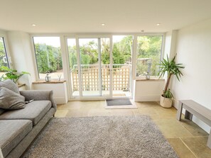 A living room with a sofa, a large rug, a potted plant, and a view through a sliding glass door to an outdoor area. - The Hen House (King's Lynn)