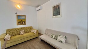 Ein Zimmer mit zwei Sofas, eines mit floralen Kissen und das andere mit gemusterten Kissen, einem Bild an der Wand und einer Klimaanlage.