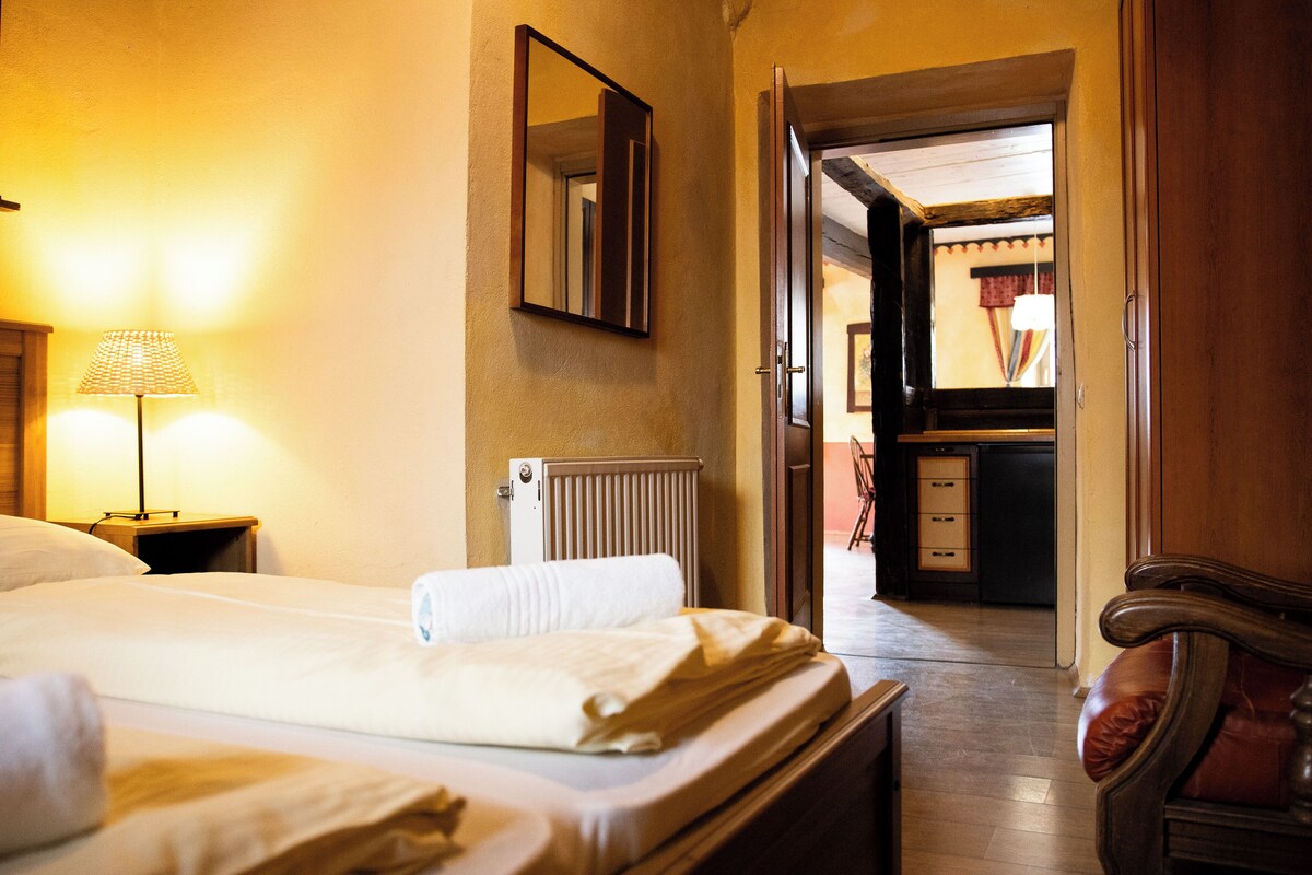 Une chambre d’hôtel comprenant un lit, une table de chevet avec une lampe, un radiateur, une porte en bois donnant accès à une salle de bain et une chaise en bois.