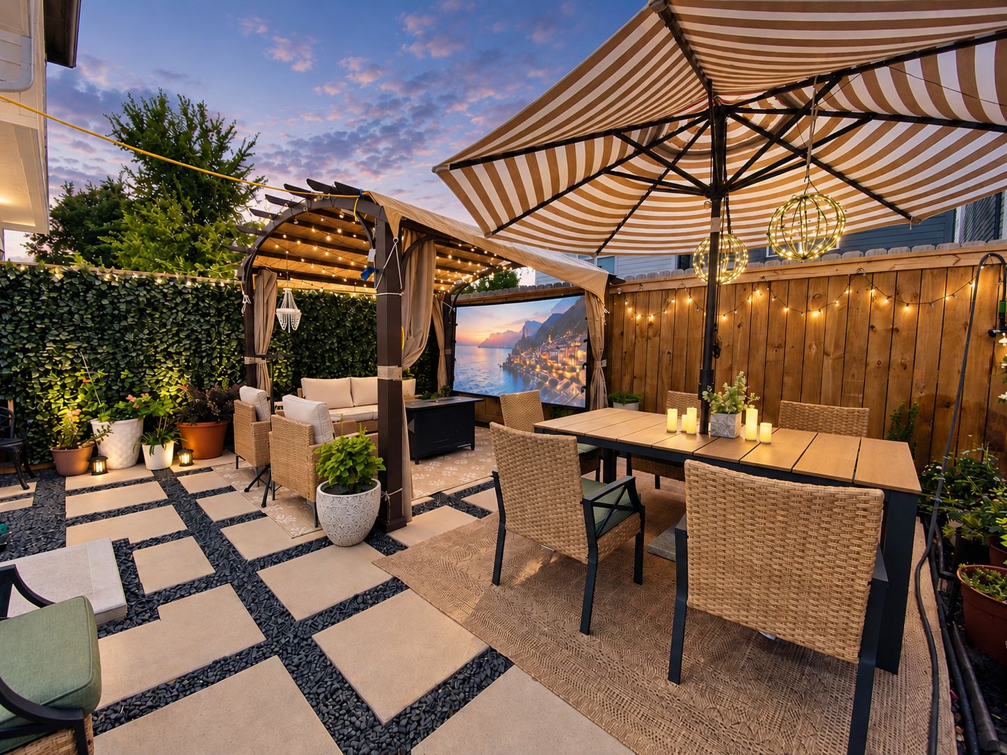 An outdoor patio with a pergola, seating, a table with candles, and a TV screen displaying a scenic view.
