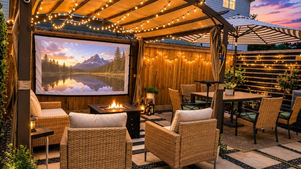 An outdoor patio with wicker furniture, a fire pit, string lights, and a large screen displaying a scenic landscape.