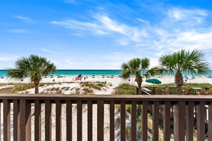 Blick auf einen Strand mit Palmen, einer Holzterrasse und feinem Sand.