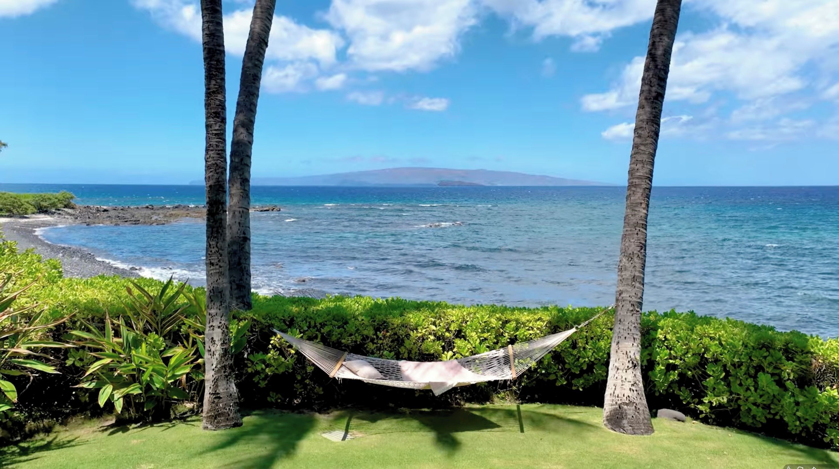 A hammock between palm trees overlooking a beach with ocean and a distant mountain.