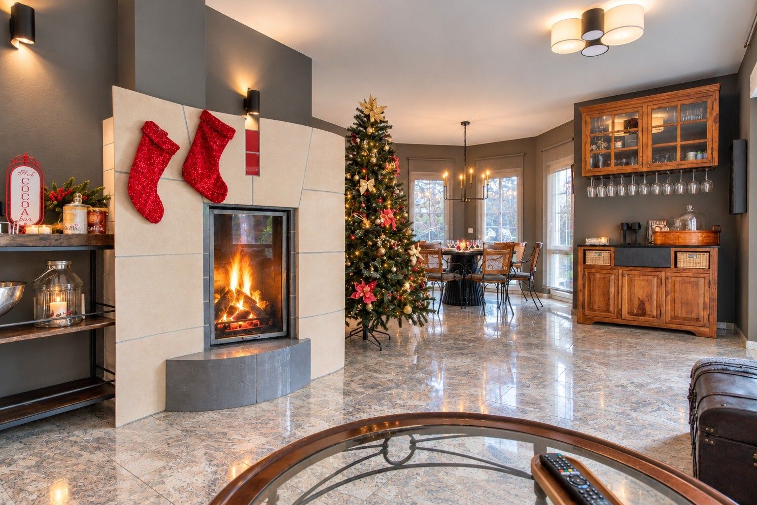 Ein modernes Wohnzimmer mit Kamin, Weihnachtsbaum und Essbereich.