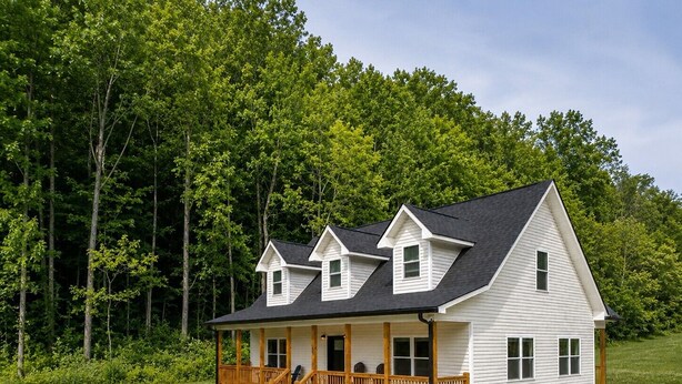 A two-story house with a porch, a garage, and a well-maintained lawn.