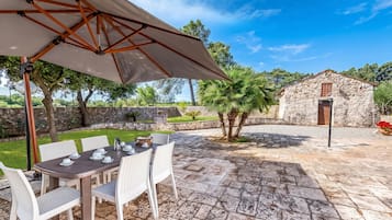 An outdoor patio with a table set for dining, surrounded by chairs, and an umbrella providing shade.