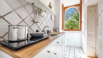 A kitchen with a stove, sink, and window with a view of greenery.