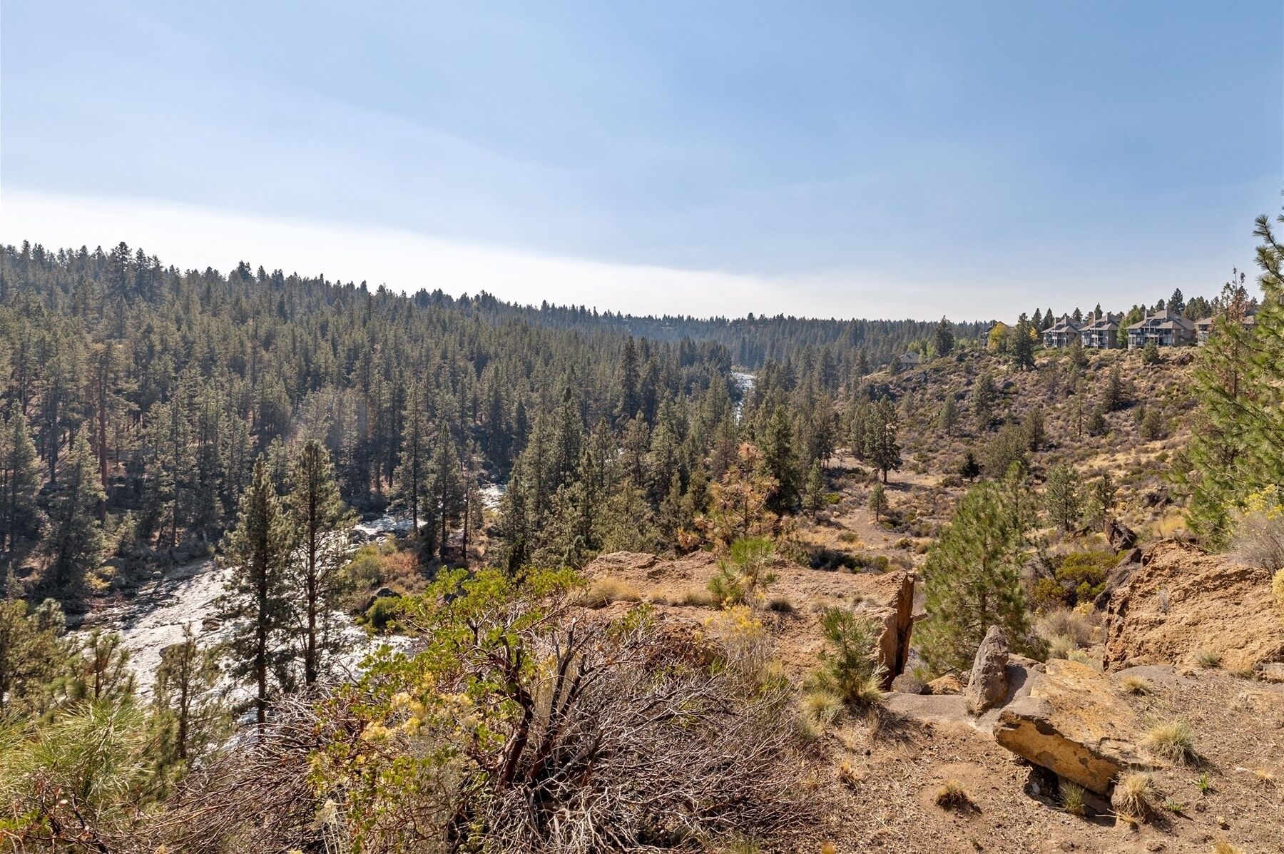 Un paysage montagneux avec de vastes forêts, une rivière et une zone résidentielle avec des maisons.